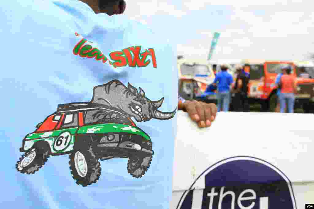 An official team T-shirt of Car 61 at Rhino Charge in Narok county, Kenya, shows a horn and the words &ldquo;Not for Sale.&rdquo; (J. Craig/VOA)