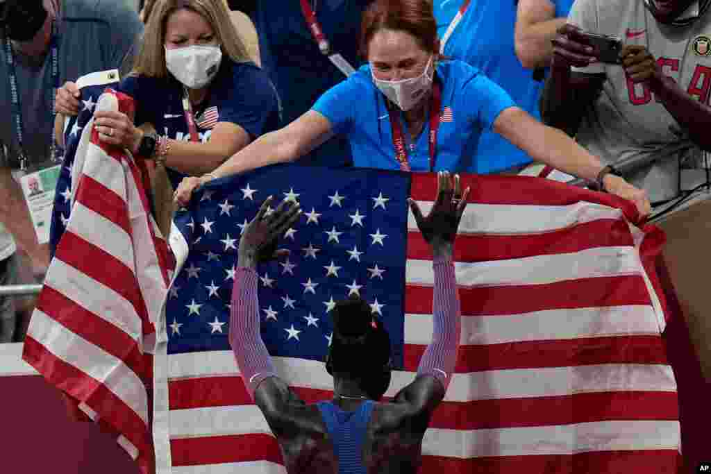 Athing Mu of United States celebrates after winning the final of the women&#39;s 800-meters at the 2020 Summer Olympics in Tokyo, Japan.