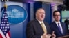 FILE - U.S. Secretary of State Mike Pompeo and Treasury Secretary Steve Mnuchin speak during a briefing at the White House, in Washington, Sept. 10, 2019. 