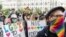 Members of a group supporting LGBT rights protest in Warsaw, Poland, June 20, 2020.