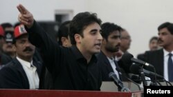 Bilawal Bhutto Zardari, son of assassinated former Pakistani prime minister Benazir Bhutto, makes a speech to launch his political career during the fifth anniversary of his mother's death, at the Bhutto family mausoleum in Garhi Khuda Bakhsh, near Larkan, December 27, 2012.