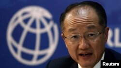 FILE - World Bank President Jim Yong Kim is seen speaking at a news conference.