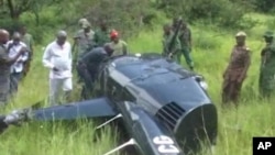 Tanzanian officials walking towards a downed helicopter. The pilot was shot down by poachers he chased. (ITV Tanzania via AP)