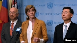 U.S. Ambassador Samantha Power speaks to reporters with Japanese Ambassador Koro Bessho, left, and South Korean Ambassador Hahn Choong-hee following the U.N. Security Council closed-door meeting to discuss the latest missile launches by North Korea at the U.N. in New York, Sept. 6, 2016. 