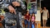 Residentes se sientan en una tienda custodiada por un soldado en San Antonio Los Ranchos, El Salvador, el 25 de marzo de 2024.