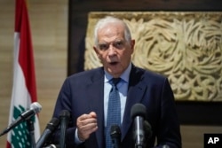 European Union foreign policy chief Josep Borrell gives a statement to the media after his meeting with Lebanese Parliament speaker Nabih Berri, in Beirut, Lebanon, Nov. 24, 2024.