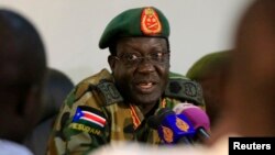 Chief of Staff of South Sudan's army, General James Hoth Mai, was fired by President Salva Kirr. The general is shown speaking to media in Juba January 2, 2014.