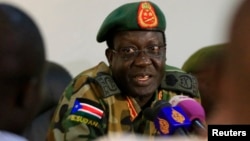 Chief of Staff of South Sudan's army, General James Hoth Mai, was fired by President Salva Kirr. The general is shown speaking to media in Juba January 2, 2014.