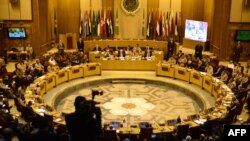 A general view of a meeting in the Arab League's headquarters in the Egyptian capital, Cairo, on May 23, 2015, where Arab army chiefs met to discuss the details of building a joint Arab military force to combat jihadists including IS. 