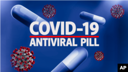 COVID-19 ANTIVIRAL PILL lettering, over pills and illustration of Coronavirus provided by US Centers for Disease Control and Prevention, finished graphic
