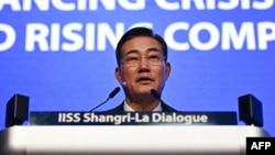 Menteri Pertahanan Korea Selatan Shin Won-sik berbicara pada KTT Dialog Shangri-La ke-21 di Singapura pada 1 Juni 2024. (Foto: AFP)