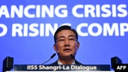 韩国国防部长申源湜于新加坡安全论坛“香格里拉对话”发表演说。（法新社）