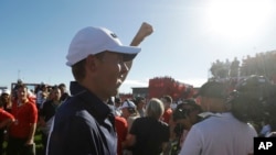 United States’ Jordan Spieth reacts after the USA team won the Ryder Cup golf tournament, Oct. 2, 2016.