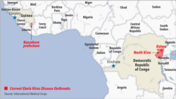 Locations of current Ebola virus disease outbreaks in Guinea and DRC as of Feb. 22, 2021