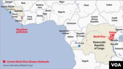 Maeneo yaliyokuwa na maambukizo ya virusi vya Ebola Guinea na DRC mwezi Februari 22, 2021. 