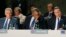 Amerika Mudofaa vaziri Chak Xeygl, prezident Barak Obama, Britaniya Bosh vaziri Deyvid Kameron NATO sammitida.