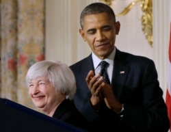 FILE - President Barack Obama applauds as Janet Yellen speaks after the president announced he is nominating her to be chair of the Federal Reserve, at the White House in Washington, Oct. 9, 2013.