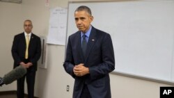 President Barack Obama delivers a statement at Indian Springs High School after meeting with families affected by the shootings in San Bernardino, Calif., Dec. 18, 2015.