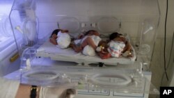 In this May 7, 2015 photo, new born Afghan babies are seen at Indira Gandhi children's hospital, and neonatal ward in Kabul, Afghanistan.