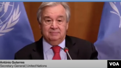 António Guterres, Secretario General de las Naciones Unidas durante su intervención en el Foro Económico Mundial de Davos, Suiza, el 25 de enero de 2021. Imagen tomada de video de AP.