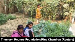 FILE - Young girls pose as they tend to vegetables they are growing as part of the Girls’ Project that teaches land literacy and helps prevent trafficking and early marriage in Charmahatpur village in West Bengal state, India, Feb. 13, 2017. 