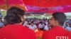 FILE - Workers of a Samsung facility attend a strike to demand higher wages at its Sriperumbudur plant near the city of Chennai, India, Sept. 12, 2024. 