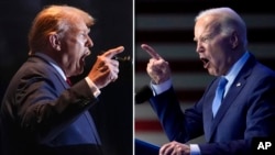 Esta combinación de fotografías tomadas en Columbia, Carolina del Sur, muestra al expresidente Donald Trump, a la izquierda, el 24 de febrero de 2024, y al presidente Joe Biden el 27 de enero de 2024.