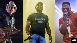 This combination photo shows, from left, Brad Paisley, Darius Rucker and rapper Nelly, who will participate in Live Nation's “Live from the Drive-In,” concert series taking place July 10-12. (AP Photo)