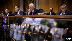 From left, Senator James E. Risch (R-ID), Senator Marco Rubio (R-FL), Senator Benjamin L. Cardin (D-MD), and Senator Robert Menendez (D-NJ) attend a hearing of the Senate Foreign Relations Subcommittee. 