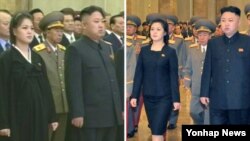 지난해 12월 17일 김정은 국방위원회 제1위원장과 평양 금수산태양궁전 개관식에 참석한 리설주 모습(왼쪽 사진)과 두 달 가까이 지난 16일 금수산태양궁전을 참배하는 모습(오른쪽 사진).