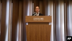 FILE - Tomas Ojea Quintana, the United Nations special rapporteur on the situation of human rights in North Korea, speaks during a press conference in Seoul, South Korea, June 21, 2019. 