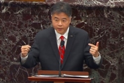 In this image from video, House impeachment manager Rep. Ted Lieu, D-Calif., speaks during the second impeachment trial of former President Donald Trump at the U.S. Capitol in Washington, Feb. 11, 2021.