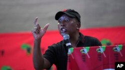 FILE - Economic Freedom Fighters leader Julius Malema addresses volunteers and members in Umlazi township in KwaZulu Natal province, South Africa, February 8. 2024. 