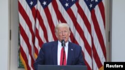 도널드 트럼프 미국 대통령이 26일 백악관 로즈가든에서 연설하고 있다. 