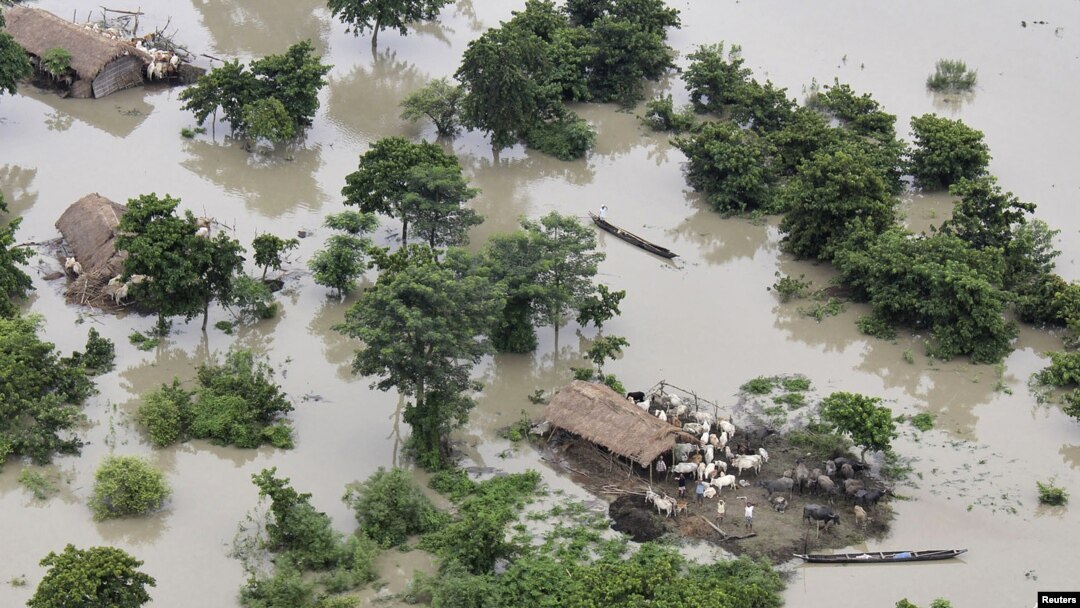 Foto udara menunjukkan seluruh desa di distrik Sonitpur, negara bagian Assam, India terendam banjir luapan sungai Brahmaputra (1/7).