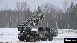 A view shows a rocket launcher system during the "Allied Resolve" military exercises held by the armed forces of Russia and Belarus at the Osipovichsky training ground in the Mogilev region, Belarus, February 17, 2022.