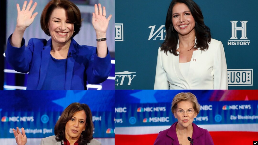 Demokratik partiyadan prezidentlikka da'vogar ayollar. Eymi Klobuchar (yuqorida chapda), senator, 59 yoshda; Tulsi Gabbard (yuqorida o'ngda), kongressmen ayol, 38 yoshda; Elizabet Uorren (quyida o'ngda), senator, 70 yoshda; Kamala Xarris, senator, 55 yoshda