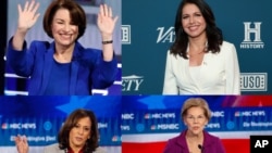 Demokratik partiyadan prezidentlikka da'vogar ayollar. Eymi Klobuchar (yuqorida chapda), senator, 59 yoshda; Tulsi Gabbard (yuqorida o'ngda), kongressmen ayol, 38 yoshda; Elizabet Uorren (quyida o'ngda), senator, 70 yoshda; Kamala Xarris, senator, 55 yoshda