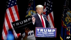 Republican presidential candidate Donald Trump speaks during a campaign rally in Pittsburgh, April 13, 2016.