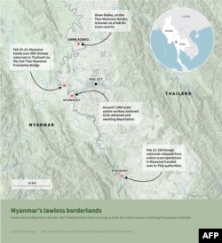 An infographic map shows areas around Myanmar's border with Thailand that have been serving as hubs for online scams, involving thousands of people.