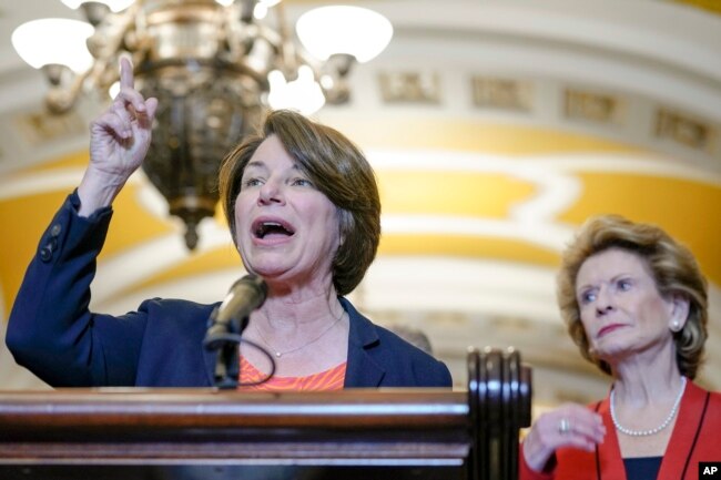 Sen. Amy Klobuchar, D-Minn., said car makers should work to find a way to keep AM radios in new models. (AP Photo/Mariam Zuhaib)