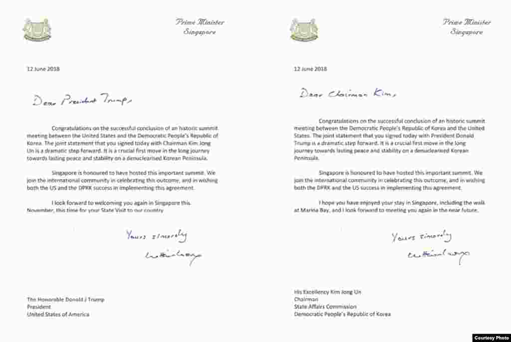 리셴룽 싱가포르 총리가 12일 미북정상회담을 끝낸 도널드 트럼프 미국 대통령과 김정은 북한 국무위원장에게 보낸 축하편지.&nbsp;국제사회는 미-북 정상회담 결과를 대부분 긍정적으로 평가하면서 합의 이행과 추가적인 협상을 통해 '한반도 비핵화' 달성을 촉구했다.
