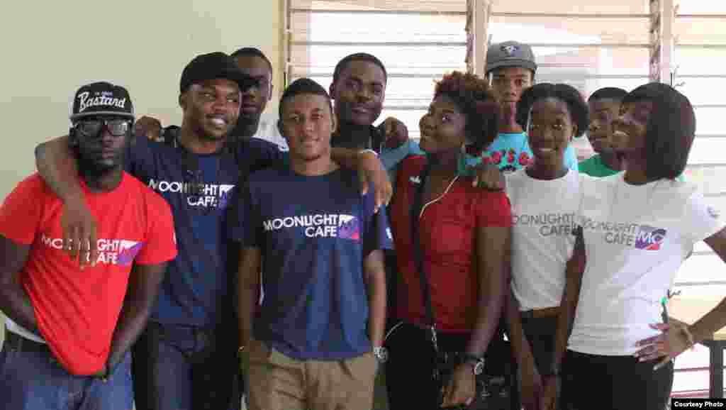 The Legon branch production crew posing with Moonlight Café Ghana founders Kobby Koomson (far left) and Sydney Scout Sam (second from left). (Courtesy Moonlight Cafe)