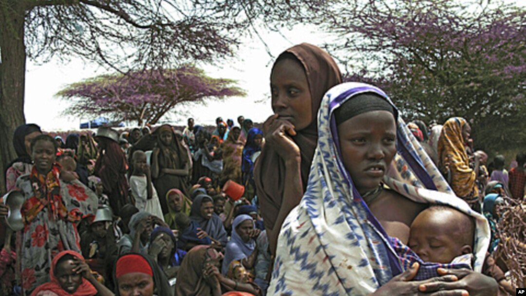 Somalis displaced by drought wait to receive food in their makeshift camp in Mogadishu, July 23, 2011