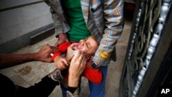 FILE - A boy receives a polio vaccination during a polio immunization campaign in Sana'a, Yemen. 