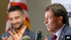 Troy Balderson, Republican candidate for Ohio's 12th Congressional District, speaks to a crowd of supporters during an election night party, Aug. 7, 2018, in Newark, Ohio. 