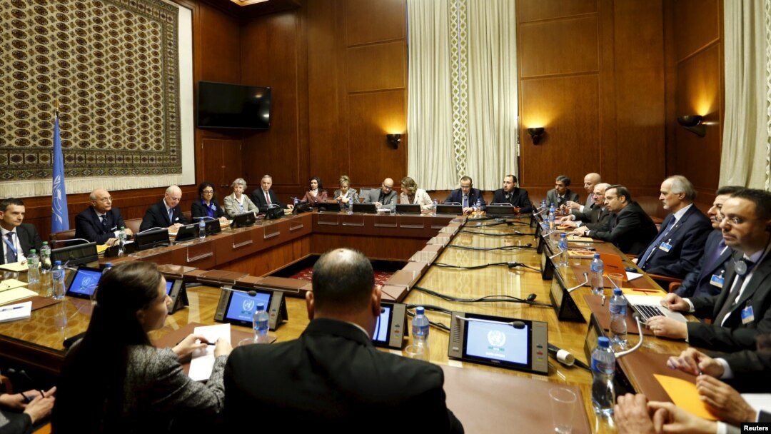 An overview of the room where Staffan de Mistura, the U.N. mediator for Syria, and the Syrian delegation, led by Syrian Ambassador to the U.N. Bashar Jaafari, opened the Syrian peace talks at the U.N. European headquarters in Geneva, Switzerland, Jan. 29,