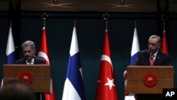 土耳其总统埃尔多安与芬兰总统尼尼斯托在安卡拉的总统府联合举行记者会。(2023年3月17日)