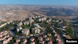 FILE - An aerial view shows the Jewish settlement of Maale Adumim in the Israeli-occupied West Bank, June 29, 2020. Picture taken with a drone.