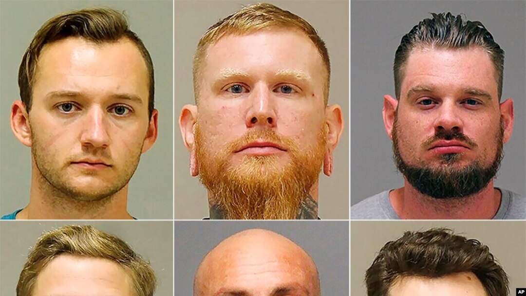 These photos show (from top row left, clockwise) Kaleb Franks, Brandon Caserta, Adam Fox, Ty Garbin, Barry Croft Jr. and Daniel Harris, who were charged last fall with plotting to kidnap Michigan Governor Gretchen Whitmer.